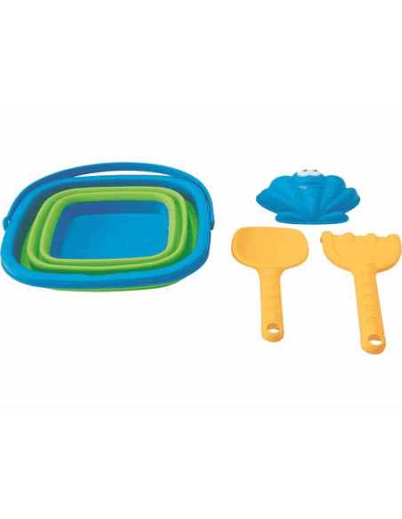 Cubo de playa plegable con accesorios – Set de arena compacto infantil surtido
