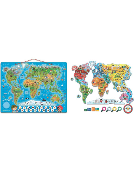 El Mundo Rompecabezas Magnético, Mapa Físico y Político con Juego de Observación, 110 Tarjetas
