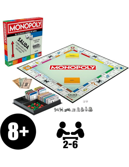 Monopoly Juego de Mesa clásico con Bandeja de Almacenamiento y peones Grandes