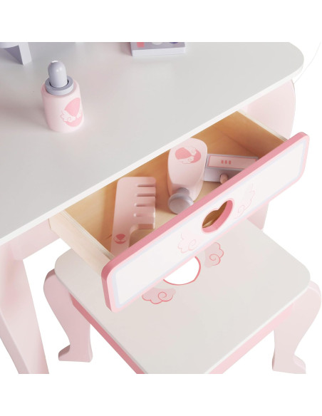 Tocador de Maquillaje para niñas con Taburete Madera y Espejo plexiglás, 50x34x92 cm