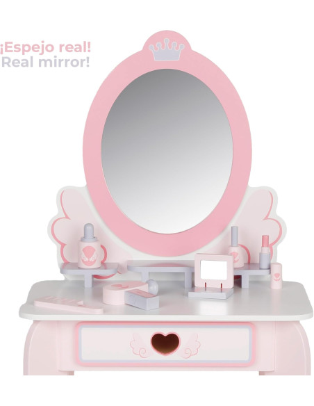 Tocador de Maquillaje para niñas con Taburete Madera y Espejo plexiglás, 50x34x92 cm