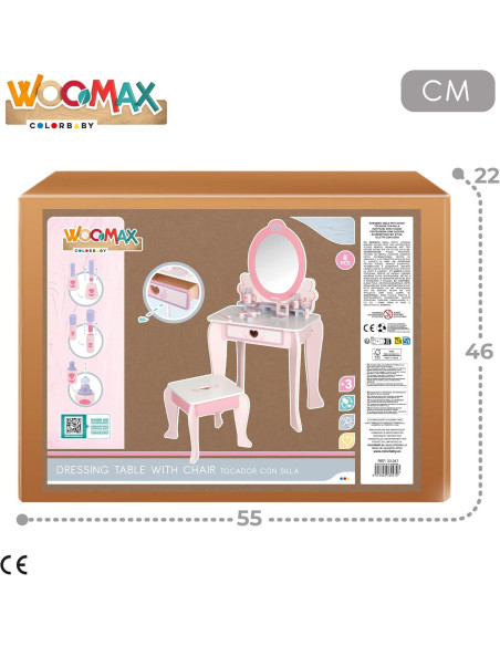 Tocador de Maquillaje para niñas con Taburete Madera y Espejo plexiglás, 50x34x92 cm