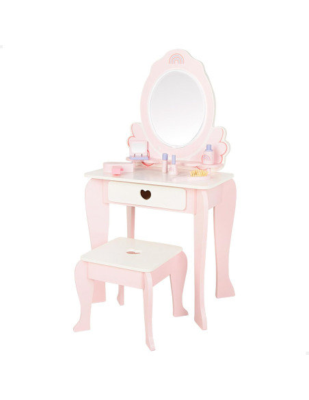 Tocador de Maquillaje para niñas, Taburete Madera, Espejo con luz, 48x32x92 cm