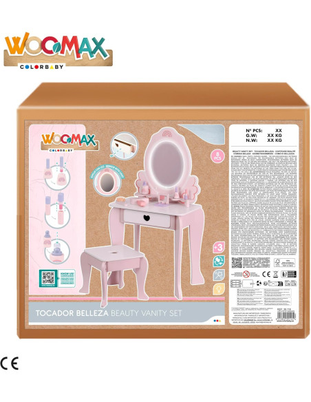Tocador de Maquillaje para niñas, Taburete Madera, Espejo con luz, 48x32x92 cm