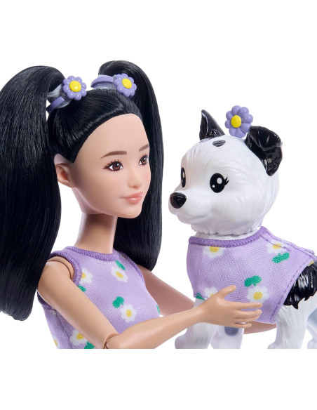 Barbie Twinning Looks Muñeca con Perro Mascota con Ropa Morada de Margaritas