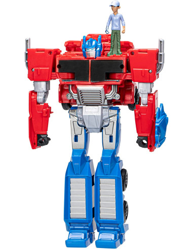 Transformers EarthSpark - Figura Cambiador de Giro Optimus Prime 20cm con Figura de Robby Malto 5cm