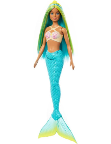 Barbie Muñeca sirena con cabello de fantasía azul y amarillo y diadema