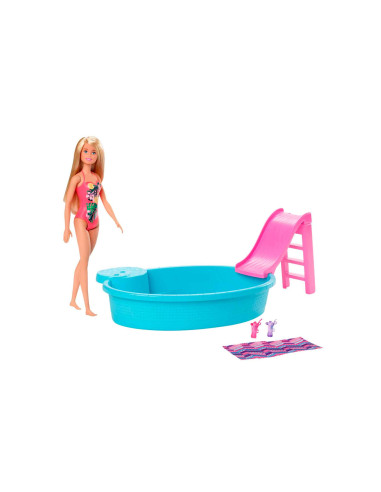 Barbie Con Piscina Tobogán y Accesorios