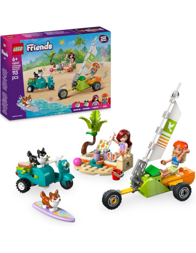 LEGO Friends Mascotas Surferas y Aventura sobre Ruedas, Moto, Tabla de Surf y 2 Perros Corgis