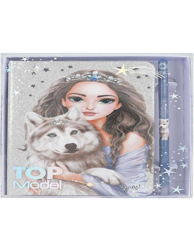 TOPModel Wolf-Cuaderno en Plata Brillante y Azul, con Motivo de Lobo